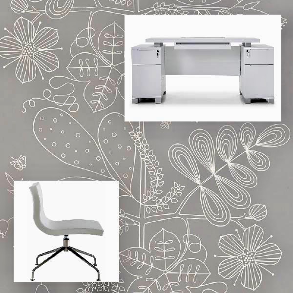 White Ligne Roset Sala leather chair, Zuri Ford desk and Schumacher Blommen Floral wallpaper