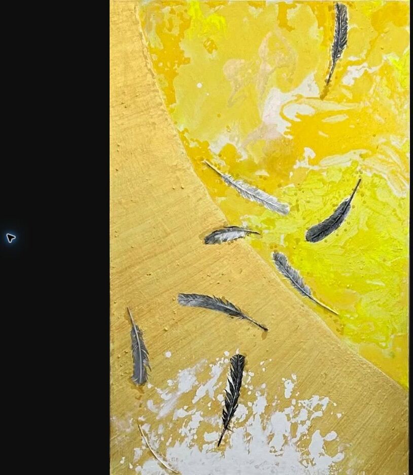 Icarus Splashed, August 30, 2026 Feathers, beeswax and acrylic on canvas 60½ × 38½ inches Courtesy of Howard R. Carr