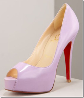  Louboutin’s signature red heel gives this ladylike lilac pump a little va va voom.