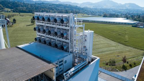 Aerial view of Climeworks’ carbon capture plant in Hinwil, Switzerland, supported by Helena