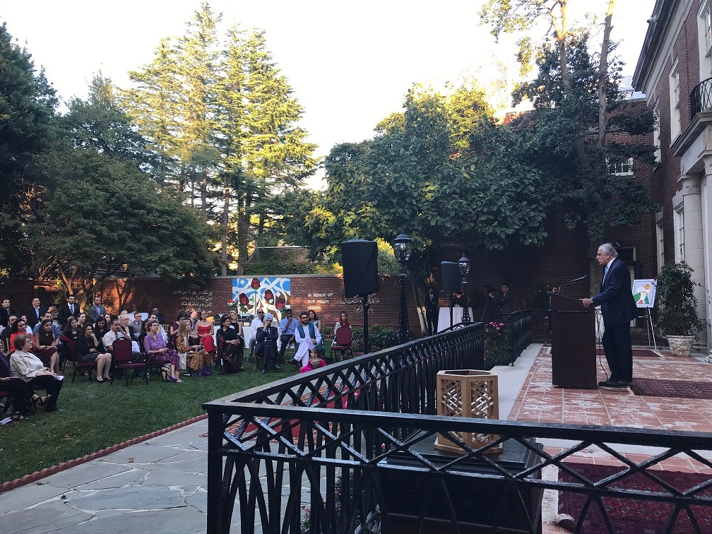 Former U.S. Ambassador to Afghanistan and Iraq Zalmay Khalilzad speaks at the Embassy of Afghanistan