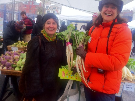 Alice Waters and Ann Yonkers at the Dupont Farmers Market January 22, 2012