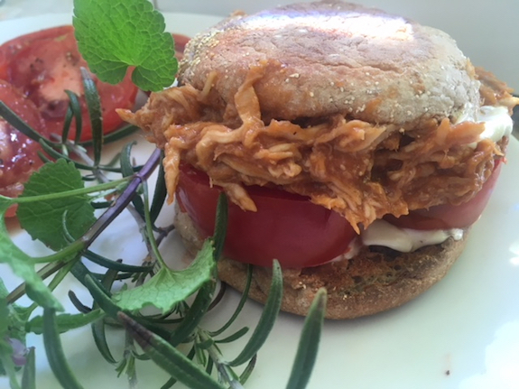 My Yummy Pulled Chicken BBQ Sandwich with Fresh Tomatoes on a Whole Wheat Roll