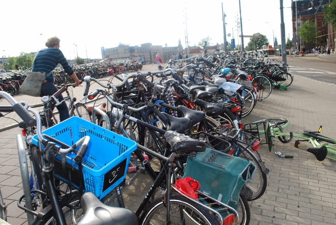 In Amsterdam, bikes near the train station