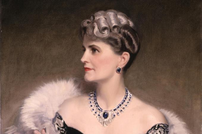 Painting of Marjorie Merriweather Post wearing Cartier jewels