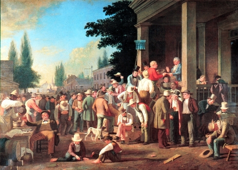 An 1846 painting, The County Election by George Caleb Bingham, showing a polling judge administering an oath to a voter.