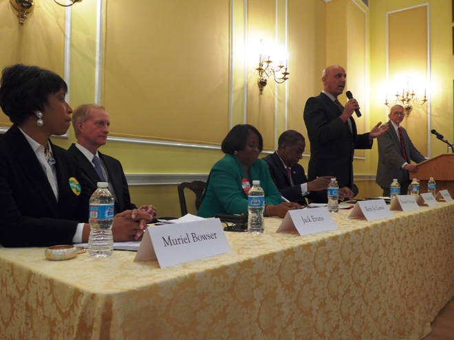 Invited candidates Muriel Bwoser, Jack Evans, Reta Jo Lewis, Vincent Orange, Andy Shallal and Tommy Wells with Davis Kennedy
