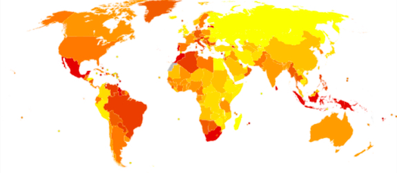 Diabetes deaths worldwide 2012 (from red to orange to lightest yellow = highest prevalence to lowest prevalence)