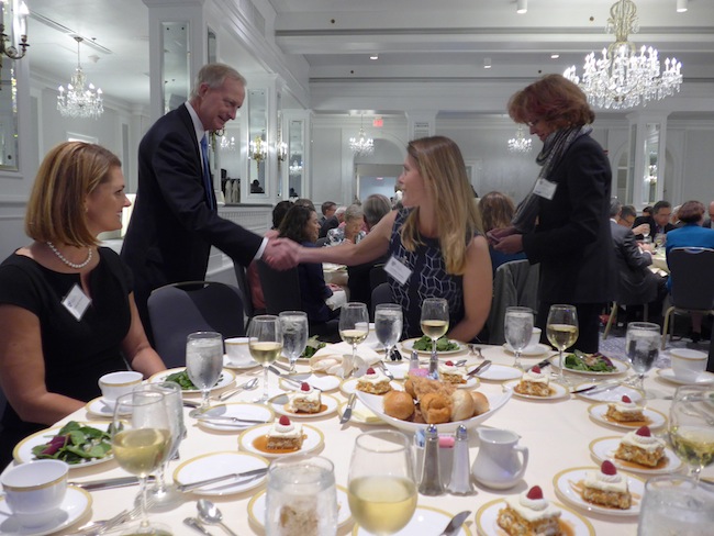 D.C. Councilmember Jack Evans greets Lyndsey Medsker of Clear Skies Strategic, as PR exec Deborah Maxson (far left) looks on.