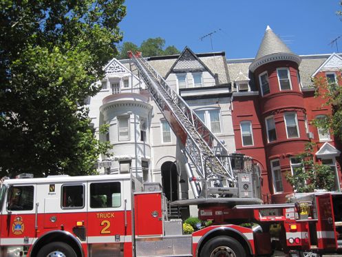 Fire trucks on P Street, blocked to thru traffic Wednesday