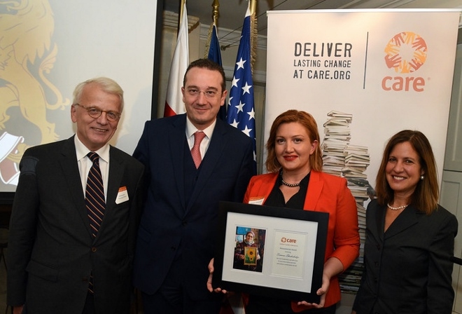 CARE awards to (left) Amb. Hansjoerg Haber, Georgia Amb. David Bakradze with CARE&#039;s Tamara Shukakidze &amp; Beth Solomon