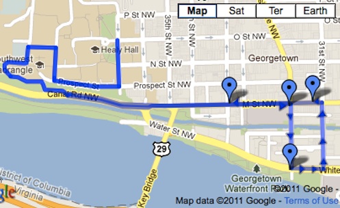 The shuttle route from the Georgetown University campus to M Street