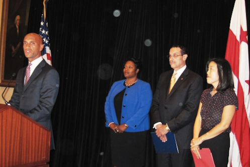 Mayor Adrian Fenty, Interim Schools Chancellor Kaya Henderson, mayor-to-be Vincent Gray and Michelle Rhee
