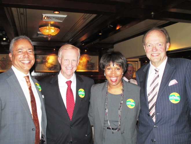 Democratic mayoral candidate Muriel Bowser is joined by Bill Jarvis (left), Jack Evans and Bill Hall