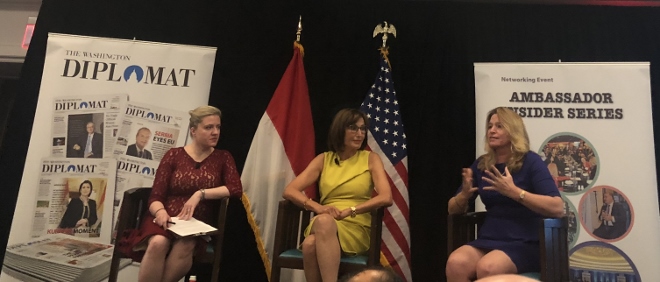 Anna Gawel (left), Ambassador Maguy Maccario Doyle &amp; Ellen Stofan