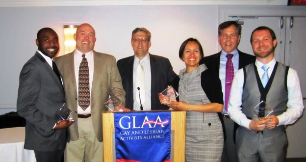 Awardees: Clarence Fluker, Brent Minor, Rick Rosendall (President of GLAA), Diana Bruce, Peter D. Rosenstein, Jason Terry