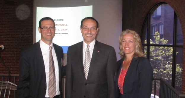Mayor Gray (center) with Joe Sternlieb, BID CEO, and Crystal Sullivan, the president