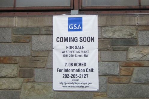 The recently posted GSA For Sale sign on the front of the West Heating Plant