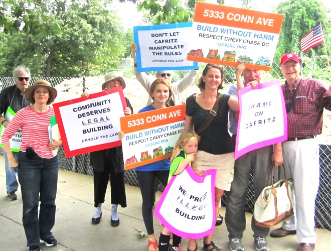 Chevy Chase residents demonstrate against the project at 5333 Connecticut Ave.