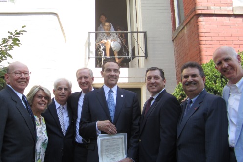 Tim Downs on balcony, with Ron Lewis, Betsy Cooley, Ed Solomon, Jack Evans, Mayor Gray, Jeff Jones, Bill Starrels and Tom Birch