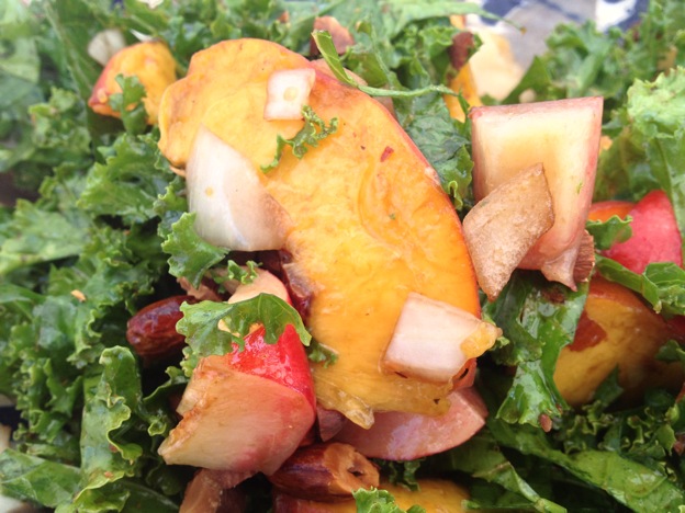 Fresh Kale and Summer Peach Salad with Toasted Almonds and Balsamic Vinaigrette