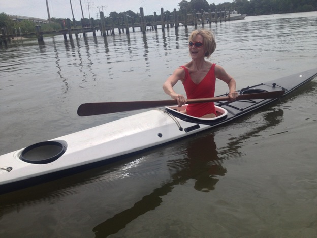 Katherine Kayaking during a recent vacation in St. Michaels, MD with a hand-carved Greenland paddle by Bob Baugh