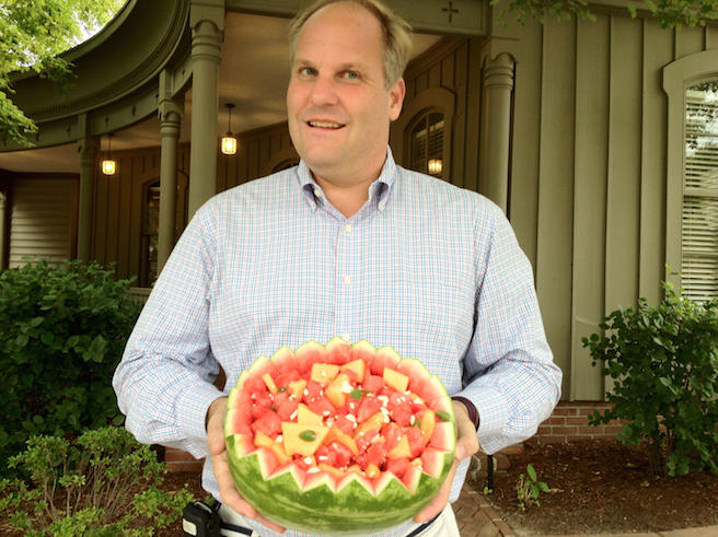 Robert Arnold Providing Sweet Summertime Melon Chunks with Fresh Mint and Crumbled Feta for a Potluck