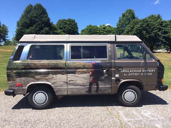 Jeffrey Ryan’s 1985 Vanagon wrapped in the Appalachian Odyssey book cover