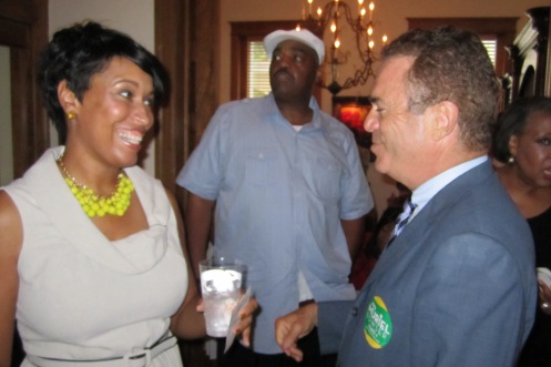 Councilmember Muriel Bowser chats with Georgetown developer Herb Miller