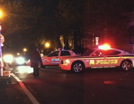 Police cars block streets in Georgetown as President Obama visits