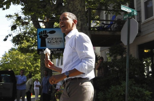 President Obama with an ice cream cone in Bar Harbor, Maine last year