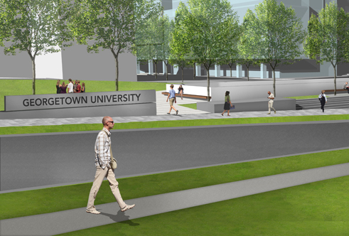 The proposed Georgetown University entry, seen across Reservoir Road