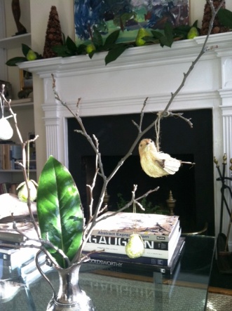 Twigs with pear and bird ornaments (from Target)