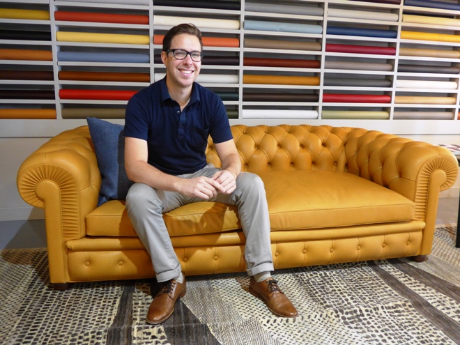 Poltrona Frau Group Showroom Manager Ezra Lizio-Katzen on a &#039;Chester One&#039; Poltrona Frau sofa