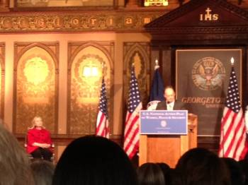Georgetown University&#039;s President John DiGioia introducing Secretary of State Hillary Clinton.