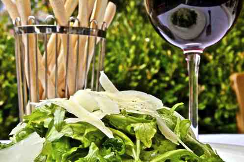 Wine and salad at Primi Piatti