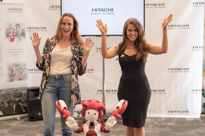 Kate Goodall,  CEO of Halcyon and Miss America Cara Mund with Hitachi’s EMIEW