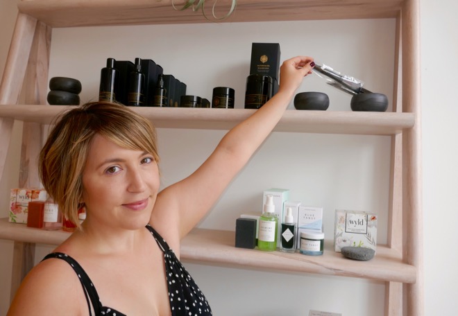Take Care owner Becky Waddell with May Windstorm skin care