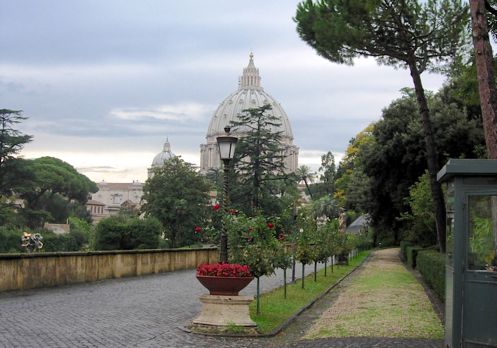 Views of St. Peter&#039;s dome can be seen throughout the Vatican Gardens.