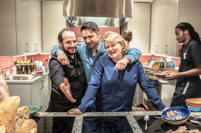 Visiting chef, Simone and wine expert, Daniele visiting Via Umbria with owner Suzy Menard