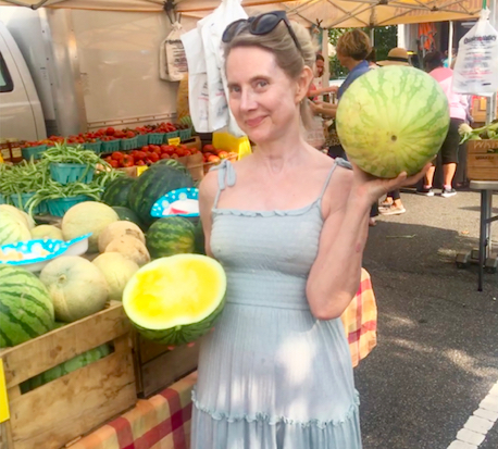 Katherine - sporting her unkempt morning, au naturale look - with a sweet yellow watermelon at the Quaker Valley Farm Stand
