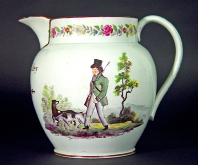 Pearlware jug with hunter and dog, 1827