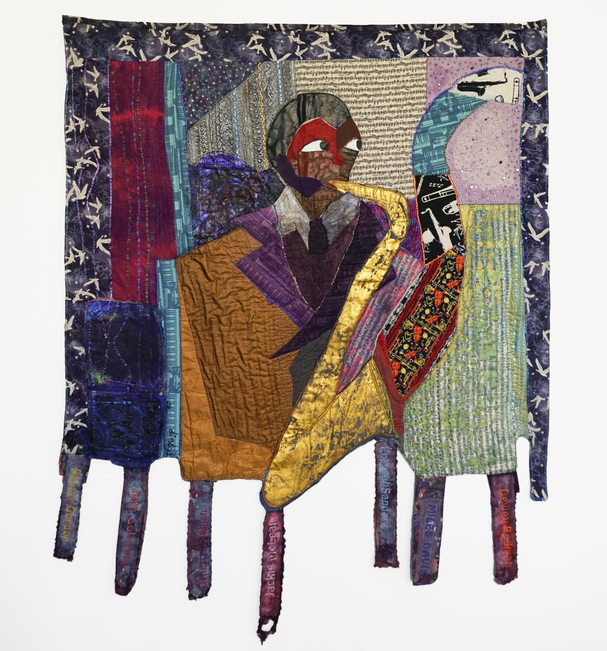 Dindga McCannon, Charlie Parker and Some of the Amazing Musicians He Influenced, Painting from 1983, mixed media quilt from 2010