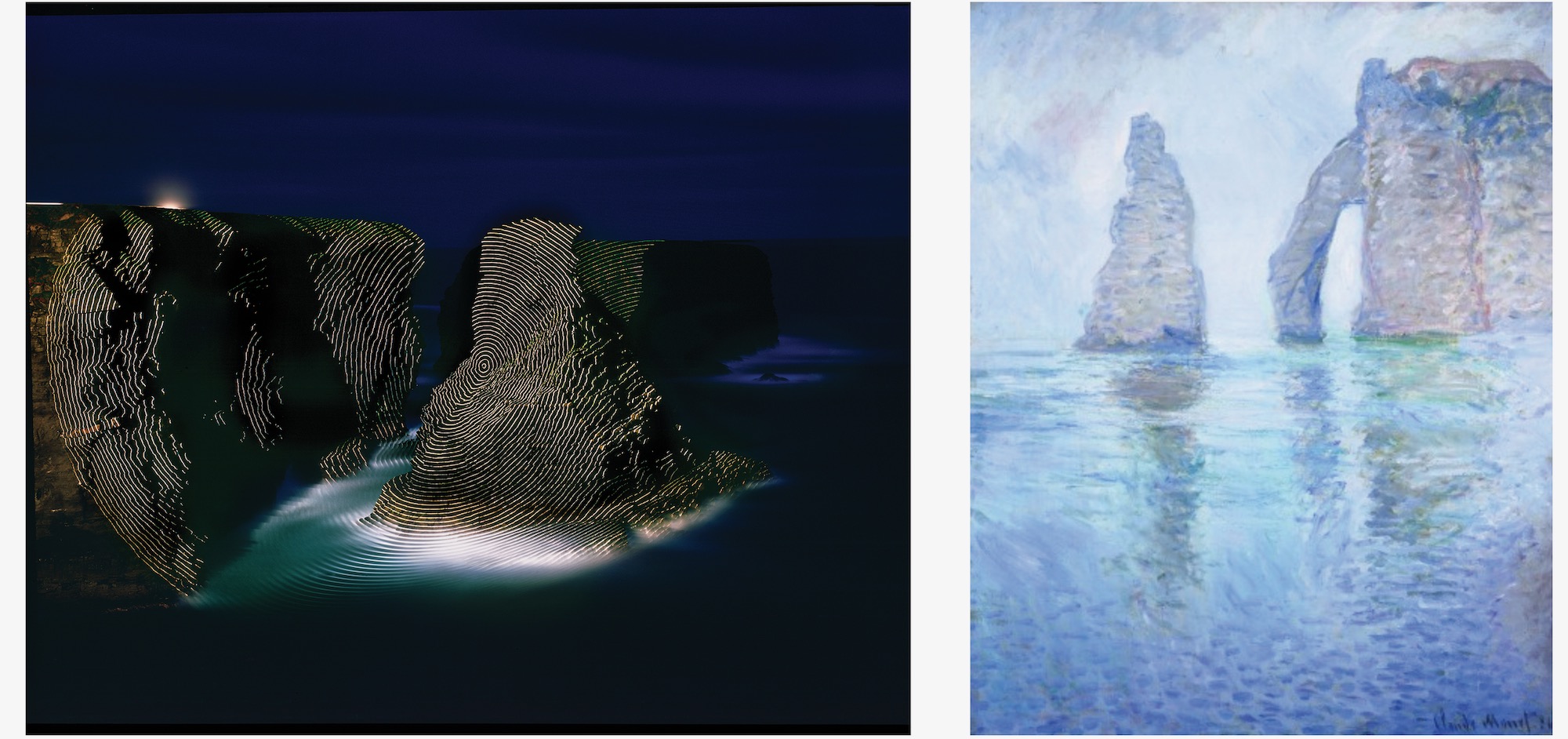 Jim Sanborn, Kilkee County Claire, Ireland, 1997, large format projection, digital print. Claude Monet, The Rock Needle and the Porte d’Aval Seen from the West, 1886, oil on canvas.