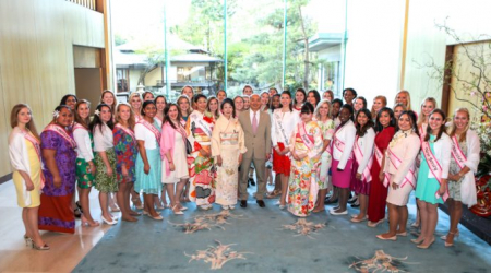 Ambassador and Mrs. Sasae welcome guests to the Residence