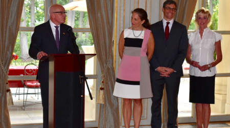 The Ambassador of the Kingdom of Belgium, Dirk Wouters, President Sylvia Burwell, Stephen Burwell, Coach Kathy Kemper