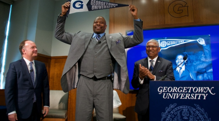 Ewing in the middle; Georgetown U. President John J. DeGiola (left) and Georgetown Athletic Director Lee Reed