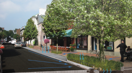 A proposal for an area east of Wisconsin Avenue between M Street and the C&amp;O Canal includes a bioretention curb extension.