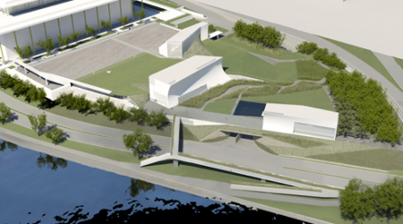 The latest proposal places the pavilion on land, with a bridge over the parkway for pedestrians.