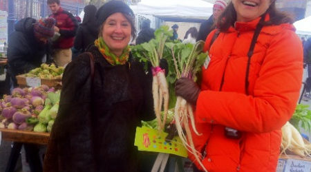 Alice Waters and Ann Yonkers at the Dupont Farmers Market January 22, 2012